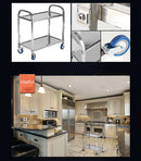 Chariot utilitaire de cuisine commercial à 2 tablettes en acier inoxydable avec 4 roulettes 